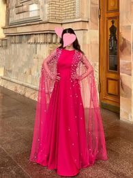 Hot Pink A Line Evening Dresses with Cape Crystal O Neck Floor Length Evening Gown Plus Size Satin Womens Formal Special Occasion Dress