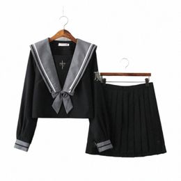 black Summer Navy Sailor Suit Tops Skirts JK High School Uniform Class Uniform Students Cloth D27i#