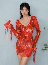 Casual Dresses Women Y2k Ruffle Mini Dress Vintage Tie-dye Print Long Sleeve Bodycon Summer Deep V Neck Tie Front Beach Party Sundress