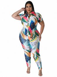 cm.yaya Plus Size Printed Women's Set Short Sleeve Shirt and Legging Pants Suit 2023 Summer Two 2 Piece Set Outfits Tracksuit t7nV#