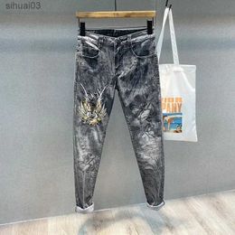 Men's Jeans Trousers Embroidered Gothic Mens Jeans Elastic Mens Jeans Elastic Graphics 2024 Fashion Trends Korean Regular Y2k Street ClothingL2403