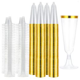 Disposable Cups Straws 25pcs Plastic Gold Rimmed Champagne Flutes | 5.5oz. Clear Hard Party & Wedding Glass Premium Heavy Duty Fancy Cup