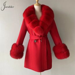 Jxwatcher 2023 New Style Cashmere Coats Real Fox Fur Collar Ladies Mid-length Wool Jacket Winter Elegant Belt Design Outerwear