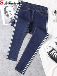 Side Stripe High Waist Jeans Pencil Pants Skinny Women Big Size 5xl Ankle-length Vaqueros Pantalones Casual Denim Spodnie 240318