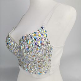 Women AB Colored Rhinestone Bustier Crop Top Spaghetti Strap Push Up Corset Vest Wholesale