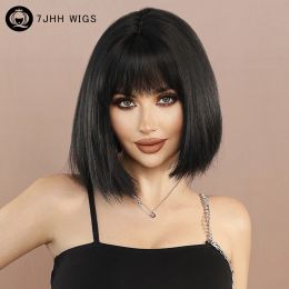 Wigs 7JHH WIGS Short Straight Black Bob Wig for Women Daily Party High Density Synthetic Loose Hair Wigs with Bangs Natural Looking