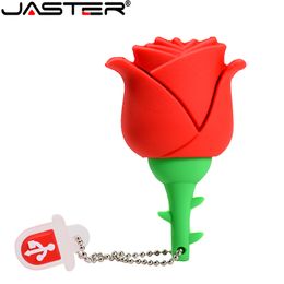 JASTER USB flash drive Rose flower Pen drive Red Blue Memory stick Yellow Pink for girls gift Pendrive Free key chain 64GB 32GB