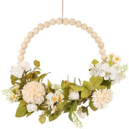 Decorative Flowers Window Faux Wood Bead Garland Vintage Decor Farmhouse Wall Hoop Silk Cloth Hanging Floral Wreath