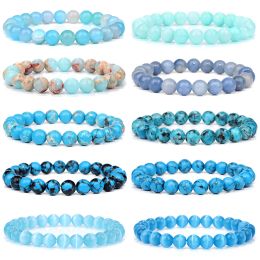 8mm Blue Natural Stone Bracelet Cat Eye Turquois Agates Bead Stretch Bangle Jewellery Gifts For Women Men Energy Yoga Bracelets