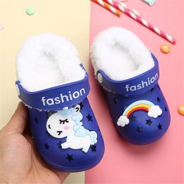 1-6y Kids Mules & Clogs Autumn Winter Boys Girls Sandals Cartoons Add Wool Warm Beach Slippers Children Garden Shoes Hy16