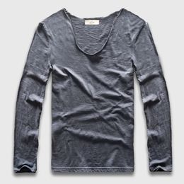 Zecmos Long Sleeve Men T-Shirt V Neck Male T Shirt Cotton Fashion Top Tees Slim Fit 240320