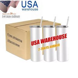 Portable 20oz Tumblers Sublimation Blanks White Stainless Steel Insulated Water Bottles Coffee Tea Mugs With Plastic Straw And Lid7246173
