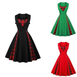 Christmas Plus Size Womens Sleeveless Simple Plaid Retro Dress 1357