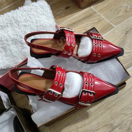 Casual Shoes Brand Metal Buckle 1.5cm Square Heel Flat Sole Sandals 2024 Mary Jane Full Leather Single Pointed Rivet Women's