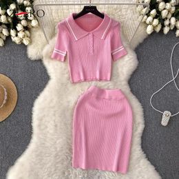 Work Dresses Pretty Style Women 2 Piece Set High Quality Knit Polo-neck Short Sleeve Tshirt Crop Tops Elastic Waist Pencil Mini Skirt Sets