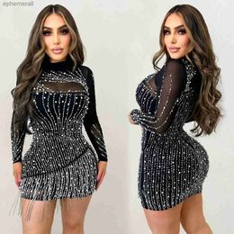 Urban Sexy Dresses 2023 New Arrival Fashion Design Party Club Dress Solid Beading Tassel O-Neck Long Sleeve Mini Vestidos yq240330