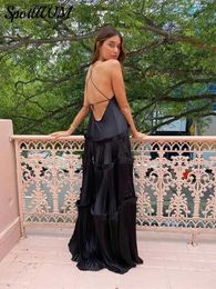 Basic Casual Dresses Black Pleated Ruffle Halter Women Dress Sexy Slveless Backless Lace Up Long Dresses 2024 Spring Female Night Party Club Robes T240330