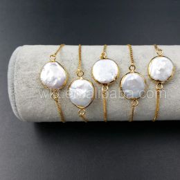 Bracelets WTB306 Hotsales Natural mother of pearl bracelet 24k gold dipped round pearl chain bracelet in adjustable size