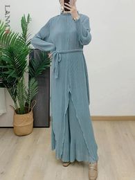 Women's Two Piece Pants LANMREM 2024 Spring Pleated Set Women Belt Irregular Design Dress High Waist Wide Leg Trousers Solid Color Clothing