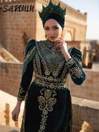 Party Dresses Luxury Gold Lace Embroidered Mermaid Velvet Hijab Evening Dress Kaftan Muslim A-line Prom Beaded Gown