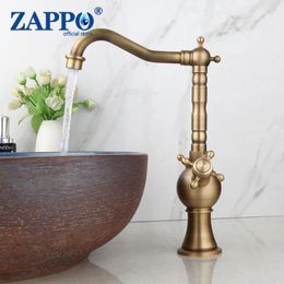 Bathroom Sink Faucets ZAPPO Antique Brass Faucet Dual Handle Spout Kitchen Single Hole Swivel Cold Water Mixer Tap