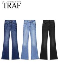 Frauen Jeans TRAF 2023 Herbst Damenmode Lange Hosen Solide Schwarz Hohe Taille Taschen Knopf Reißverschluss Jeans Weibliche Hohe Strt Denim Hosen T240330