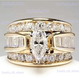 Band Rings Gorgeous Three-Row White Zircon Engagement Rings Fashion Gold Color Party Anniversary Wedding Rings for Women T240330