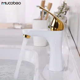 Bathroom Sink Faucets Brass Basin Faucet Single Handle Lavatory Mixer Tap White Golden