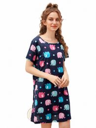 plus Size Women's Stretchy Nightgown Oversized Short Sleeve Round Neck Dr Cute Wind Elephant Print Women's Home Knee Skirt p91B#