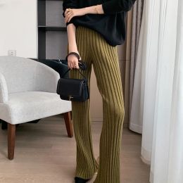 Casual Thick Knitted Women Pants Elastic High Waist Loose Female Wide Leg Pant Long Trousers Autumn Winter Striped Pantalon