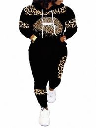 lw Plus Size Autumn Women Lg Sleeves Two Pieces Hooded Collar Leopard Print Tracksuit Set Sweatshirts Pullover Hoodies Pant A9UA#