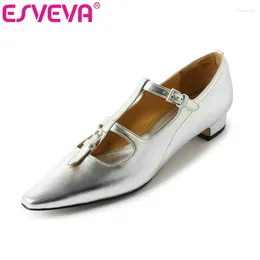 Casual Shoes ESVEVA 2024 Women Low Heels Pumps Elegant Summer Woman Genuine Leather T-strap Mary Janes Size 34-40