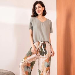 2023 Summer New Women V-Neck Leaves Printed Pajamas Set Ladies Comfort Simple Style Sleepwear Loose Soft Casual Wear Homewear