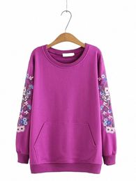 plus Size Women's Clothing Spring Autumn Lg-Sleeved T-Shirt Loose Sweatshirt With Embroidery Plum Blossom Pattern On Both Arms S7GU#