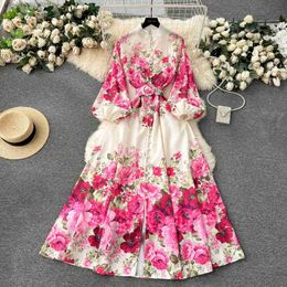 Basic Casual Dresses Elegant Gorgeous Floral Bohemian Dress Spring Women Stand Long Lantern Slve Floral Print Belt Linen Long Vestidos Clothes 6235 T240330