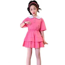 Young Girls Suit Summer Thin Top Skirt with Lining 2pcs Kids ShortSleeved Cotton Casual Outfits Children Clothing Sets 514Y 240323