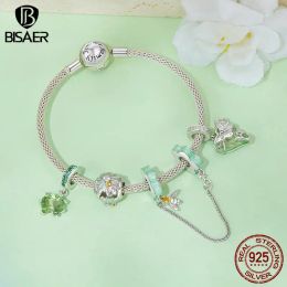 BISAER 100% 925 Sterling Silver Bee Daisy Charm Bead Butterfly Flower Safety Chain Fit Women DIY Bracelet Necklace Fine Jewelry