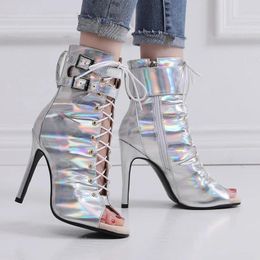 Boots Sgesvier Women 2024 Latin Dance Flash Pu Silver For Women's Plus Size 34-46 Thin High Heel Salsa Lace-up Shoes