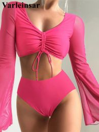 S - XL Long Sleeve Lace Up Female Swimsuit High Waist Bikini Women Swimwear Two-pieces Bikini set Bather Bathing Suit Swim V4898