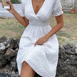 Womens White Deep V Neck Waffle Bohemian Dress