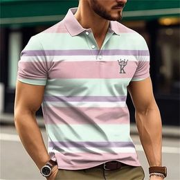Polo Shirt For Men Stripe Short Sleeve TShirts King Graphics Casual Business Button Top Tees Summer Clothes 240326
