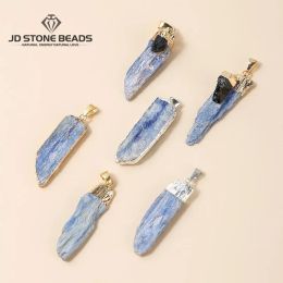 1 Pc Natural Rough Blue Kyanite Stone Long Pendants Gold Silver Plated Raw Charms For Jewelry Making Necklace Accessory Findings