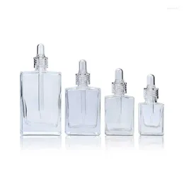 Storage Bottles Flat Square Rectangle Luxury 15ml 30ml 50ml 100ml Glass Dropper With Crystal Clear Collar For Serum Essential Oil