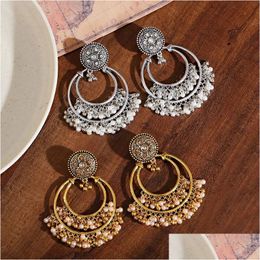 Dangle Chandelier Retro Bohemia Round Jhumka Earrings For Women 2024 Indian Jewellery Ethnic Gold/Sier Colour Flower Pearl Tassel Drop De Dhm29