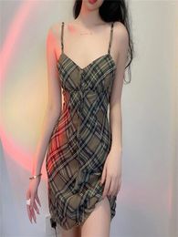 Casual Dresses Women Y2K V-neck Mini Dress Vintage Plaid Print Sleeveless Backless Double Layer Mesh Pencil Aesthetics 90s Streetwear