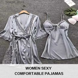 Sexy Set 2pcs Woman Sexy Pyjamas Sleepwear Lace Robe And Pants Lingerie Bathrobe Silk Satin Home Clothed Nightwear For Ladies Y240329