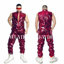 red Blue Glitter Laser Sequins Sleevel Jumpsuit Dance Costume Men Dancer Singer Performance Bar Nightclub Stage Outfit L0Xb#