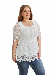 fi Plus Size Women's Blouse Solid Colour Square Neck Lace Tops Casual Temperament Commuter Large Size Ladies Elegant T-shirt 283b#