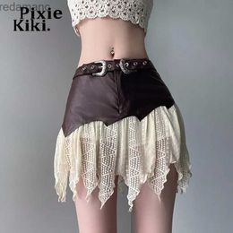 Skirts Skorts PixieKiki Y2k Style Mini Skirts for Woman Metal Buckle Belted PU Leather Lace Patchwork Irregular Skirt Fairy Grunge P67-DI20 240330