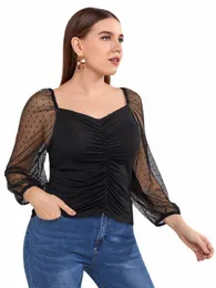 plus Size Lg Sleeve Summer Elegant Blouse Women Square Neck Ruched Frt Dot Print Sheer Mesh Sleeve T-shirt Big Size 5XL 6XL A5vE#